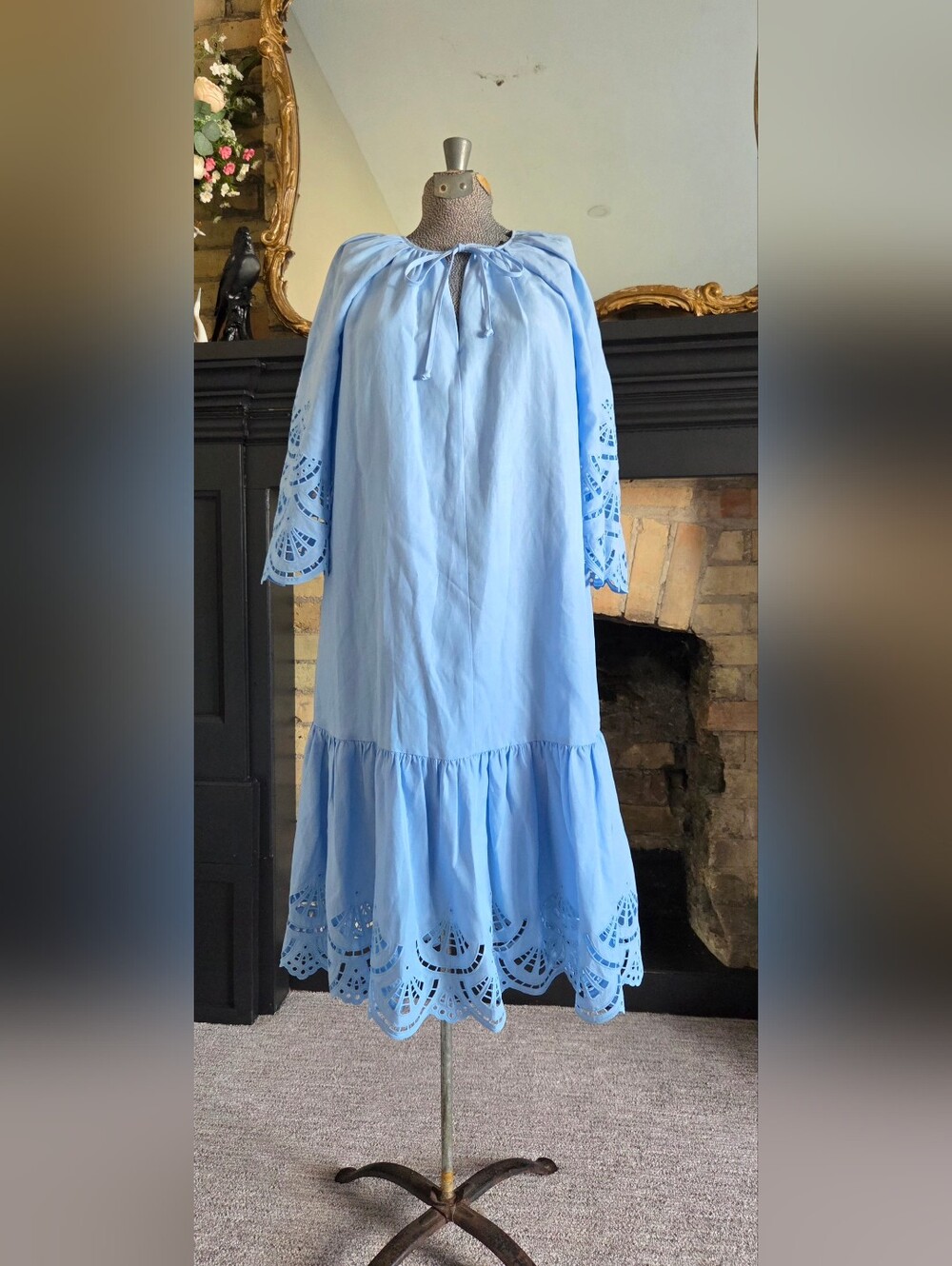 Kobi Halperin Blue Eyelet Midi Dress with Tie Neck